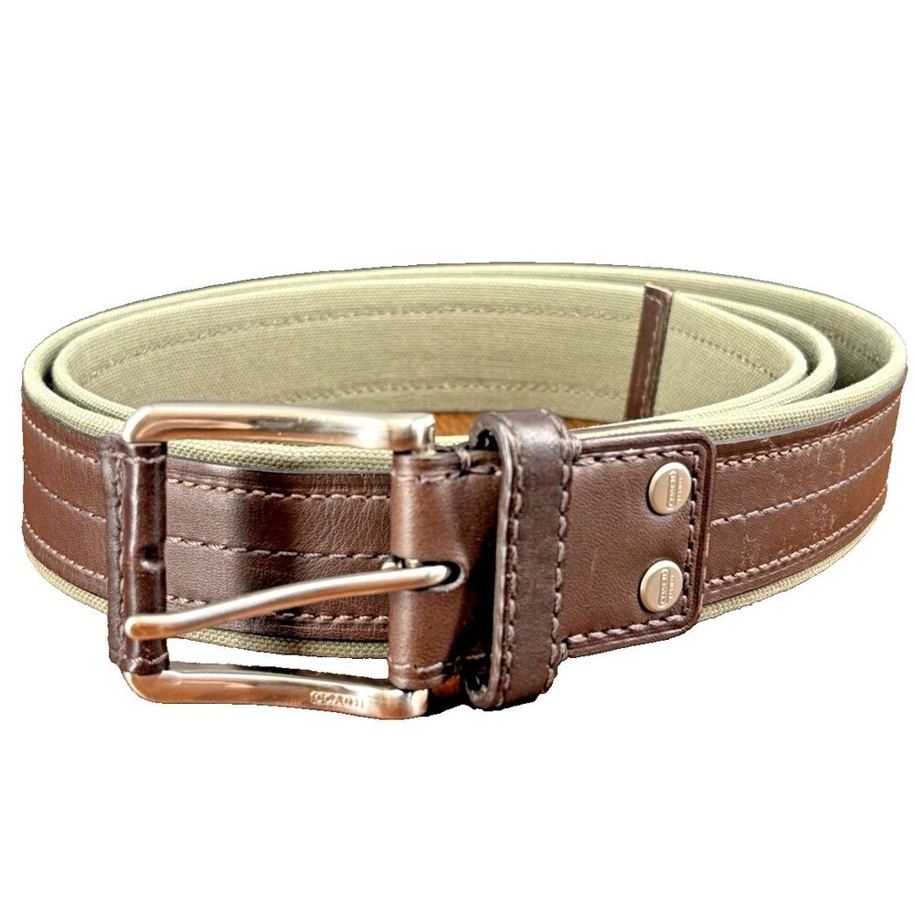 Coach F90228 Brown Leather Canvas Belt Size 44 110cm Silver Buckle